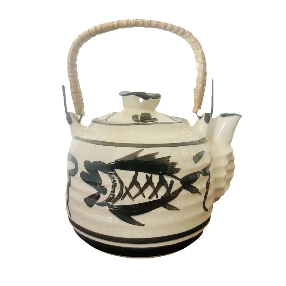 Vintage Hand Painted Fish Ceramic Teapot with Bamboo Handle Cream‎ Black Crackle